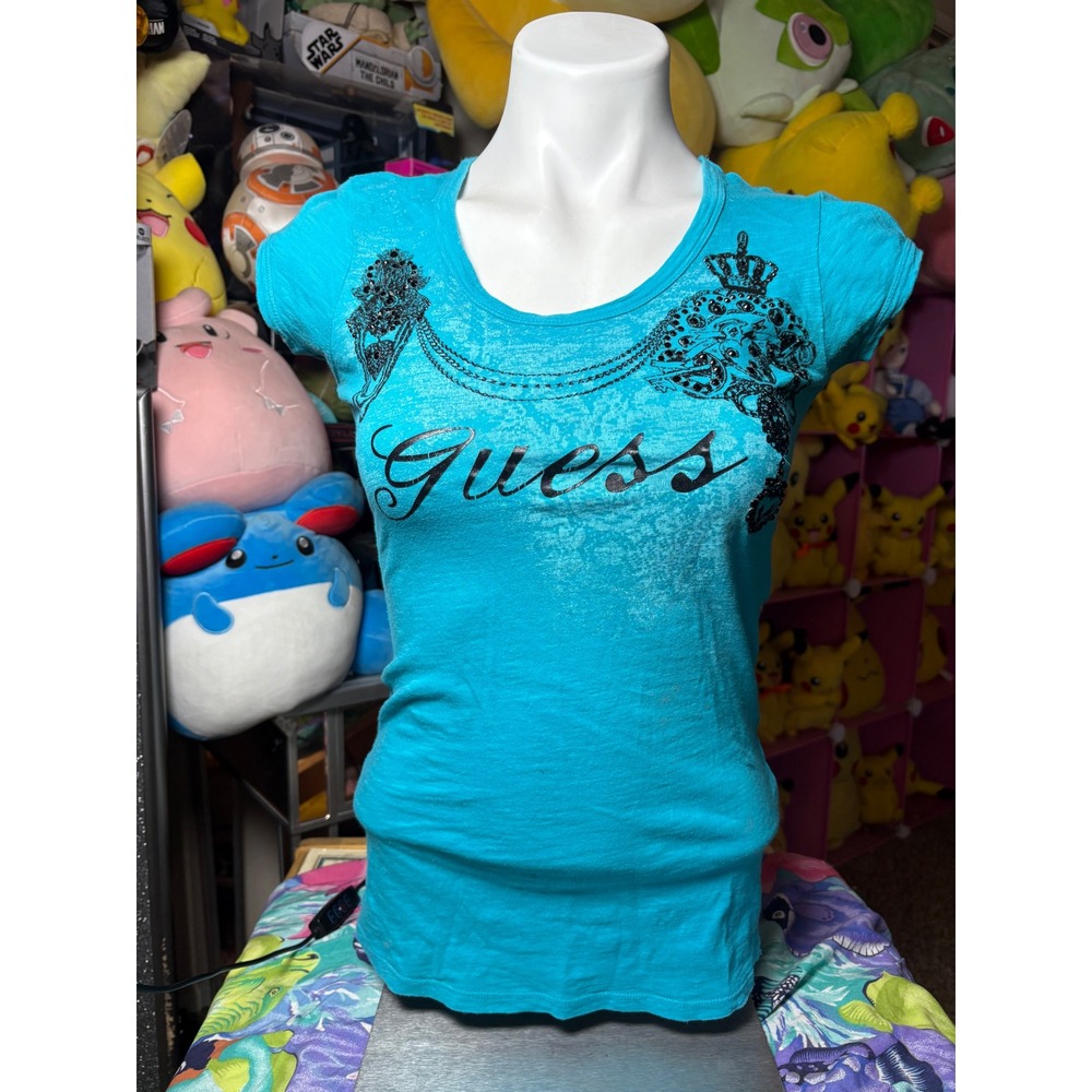 Y2K Guess Womens Turquoise Blue Graphic Rhinestone Crown Logo T-Shirt Small #5